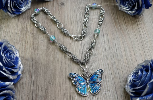 Enameled Teal Blue Butterfly Pendant Necklace