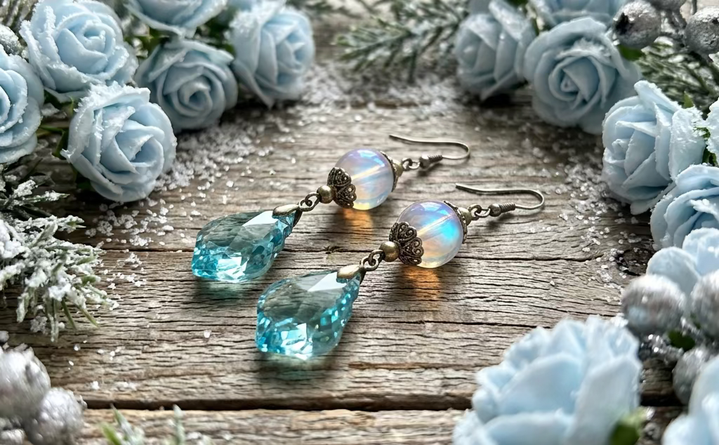 Light-Reflecting Ice Blue Scalloped Prism/Mermaid Glass Bead Earrings