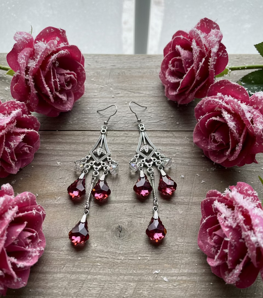Chandelier Earrings with Magenta Light-Reflecting Crystals