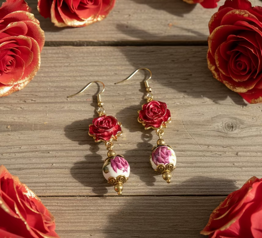 Enameled Rose/Ceramic Rose Bead Earrings