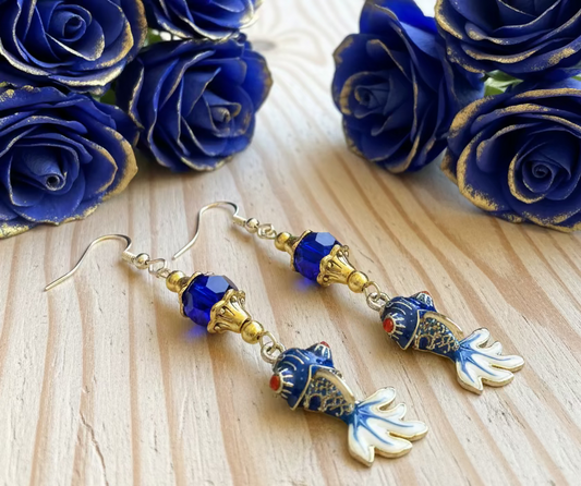 Cloisonné Enameled Koi Fish Earrings With Czech Glass Beads
