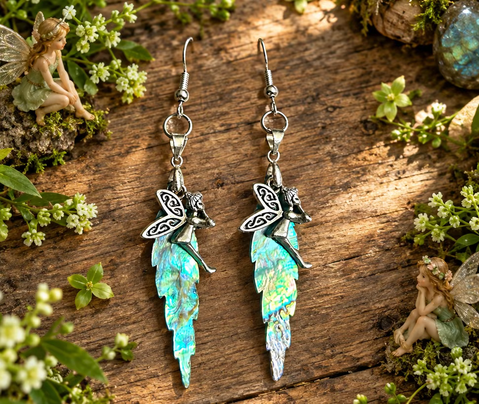 Abalone Shell Leaf/Fairy Charm Earrings