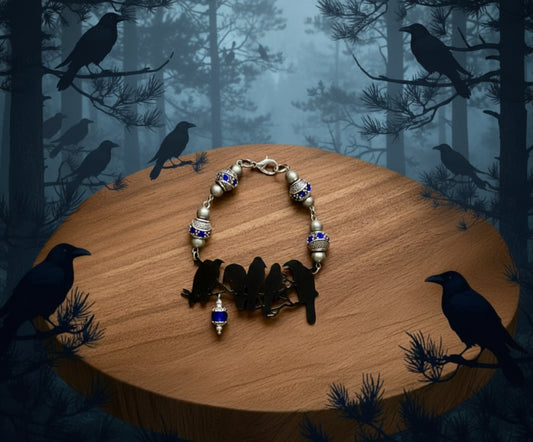 Black Metal Crow Bracelet with Blue/Metal Rhinestone Beads