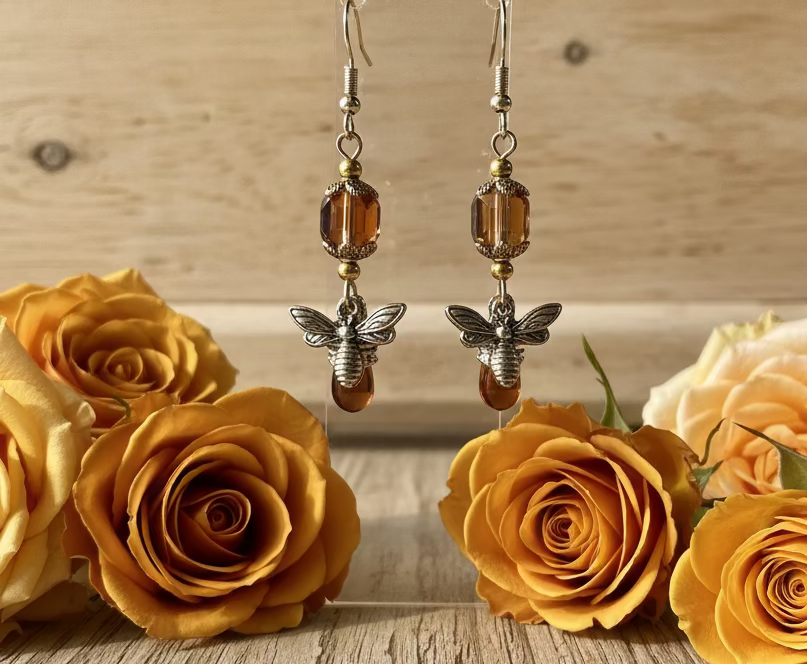 Czech Cube Crystal Bead/Bee Charm Earrings