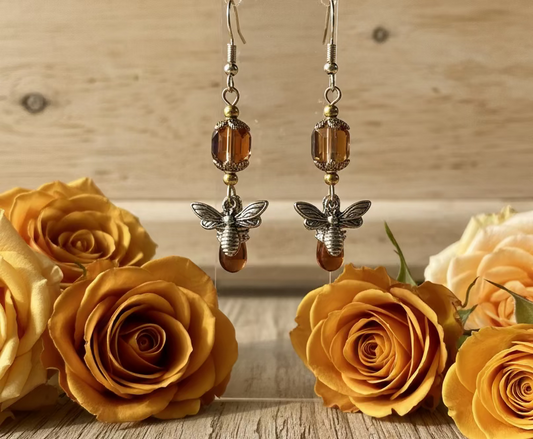 Czech Cube Crystal Bead/Bee Charm Earrings