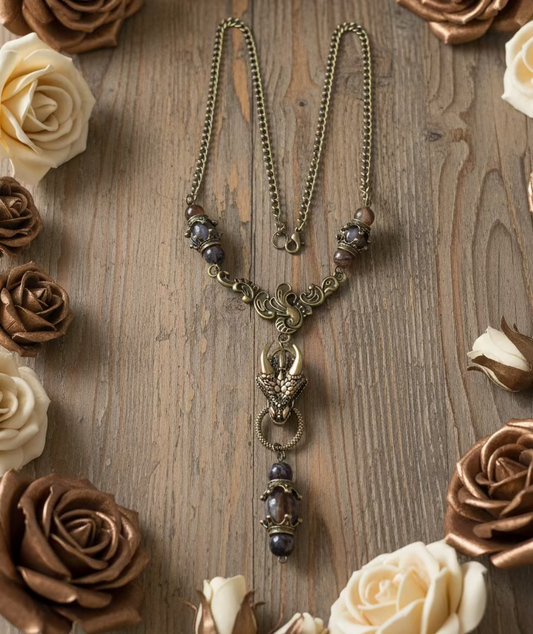 Antiqued Bronze Dragon Head Necklace with Banded Agate Gemstones