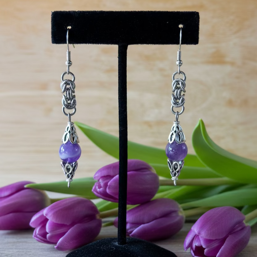 Amethyst Gemstone Bead Earrings with Byzantine Chainmaille