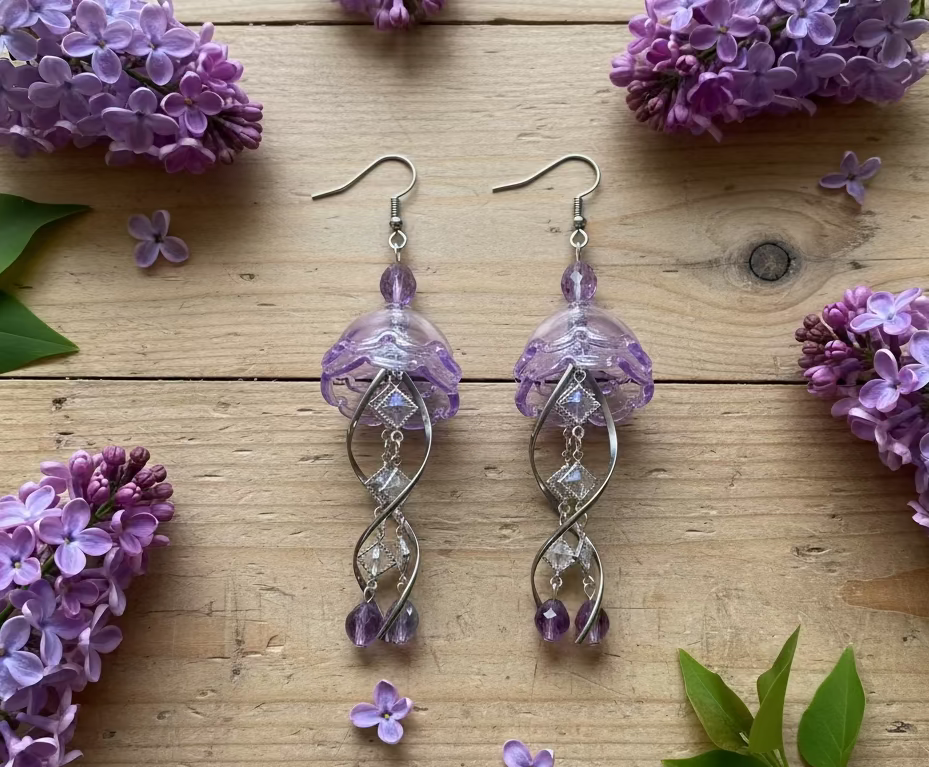 Jellyfish Earrings with Rhinestone Chain & Rainbow Fluorite Gemstone Beads