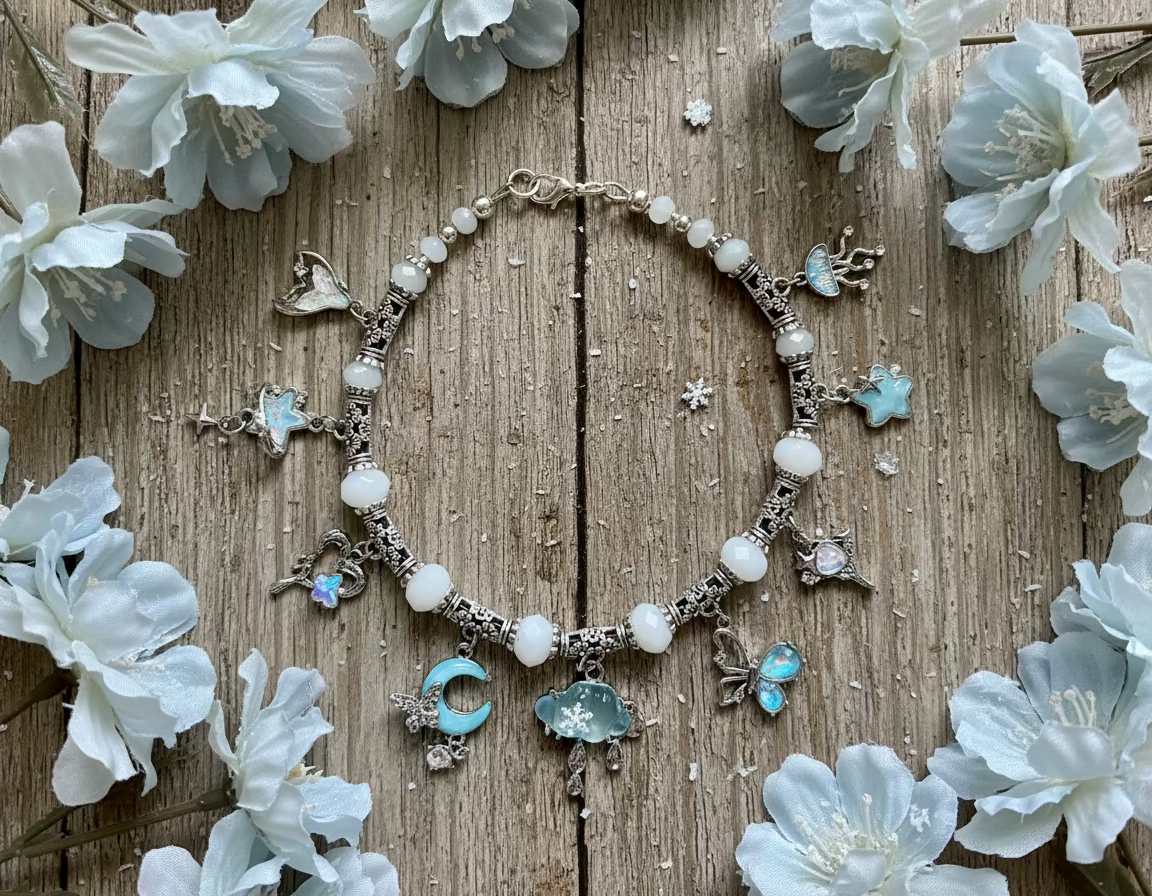 Anklet with Angelite Gemstone Beads & Ocean Blue Charms