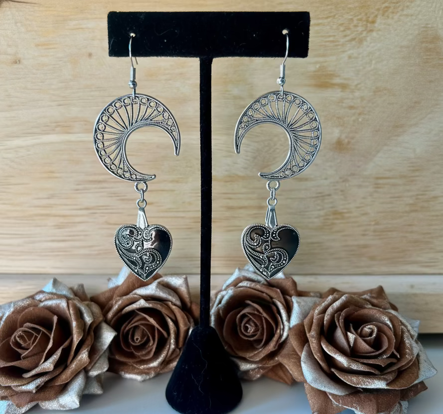 Ornate Moon/Heart Drop Earrings