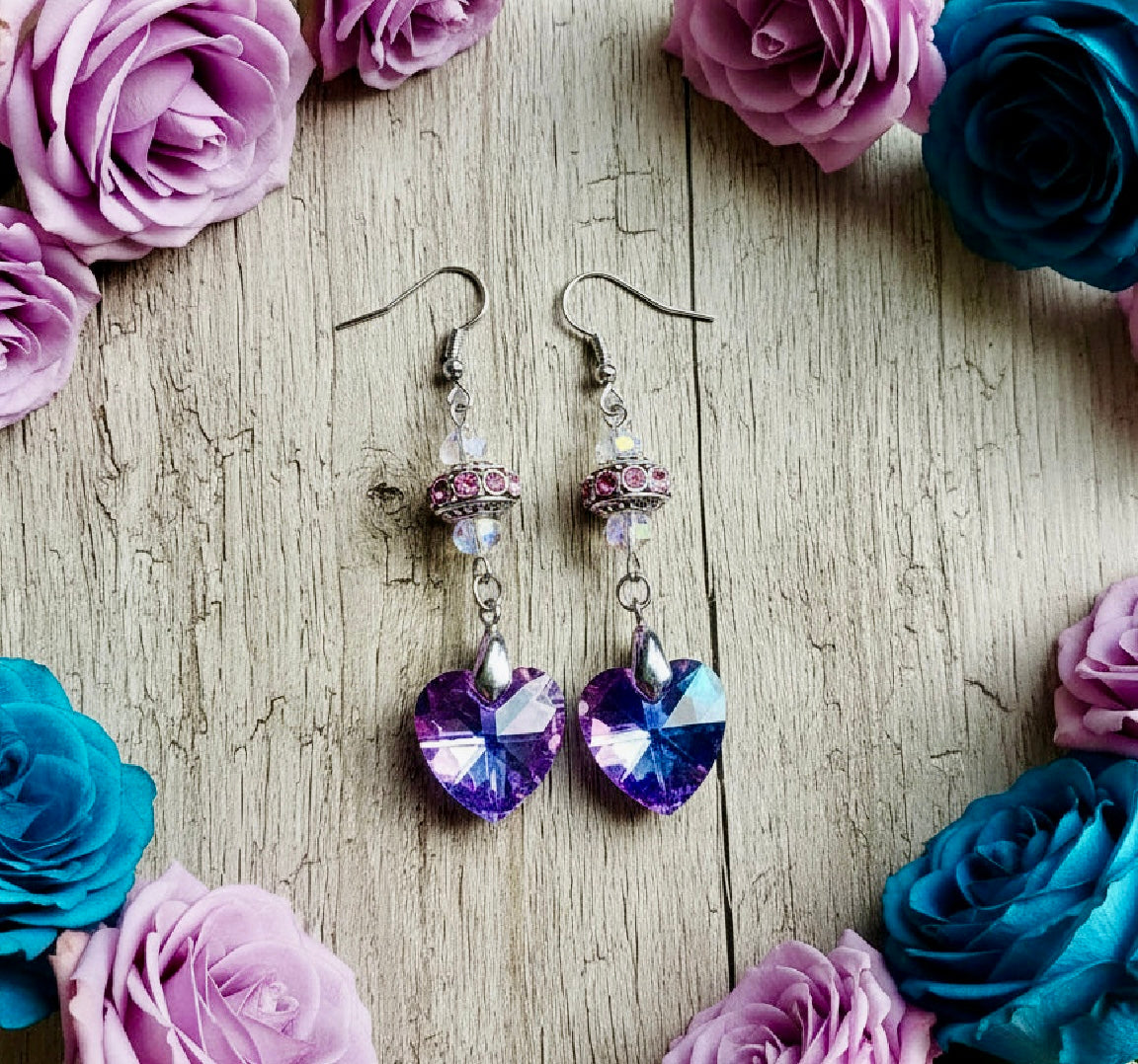 Lilac/Teal Heart Prism Earrings with Tibetan Silver Spacers