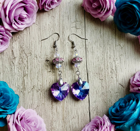 Lilac/Teal Heart Prism Earrings with Tibetan Silver Spacers