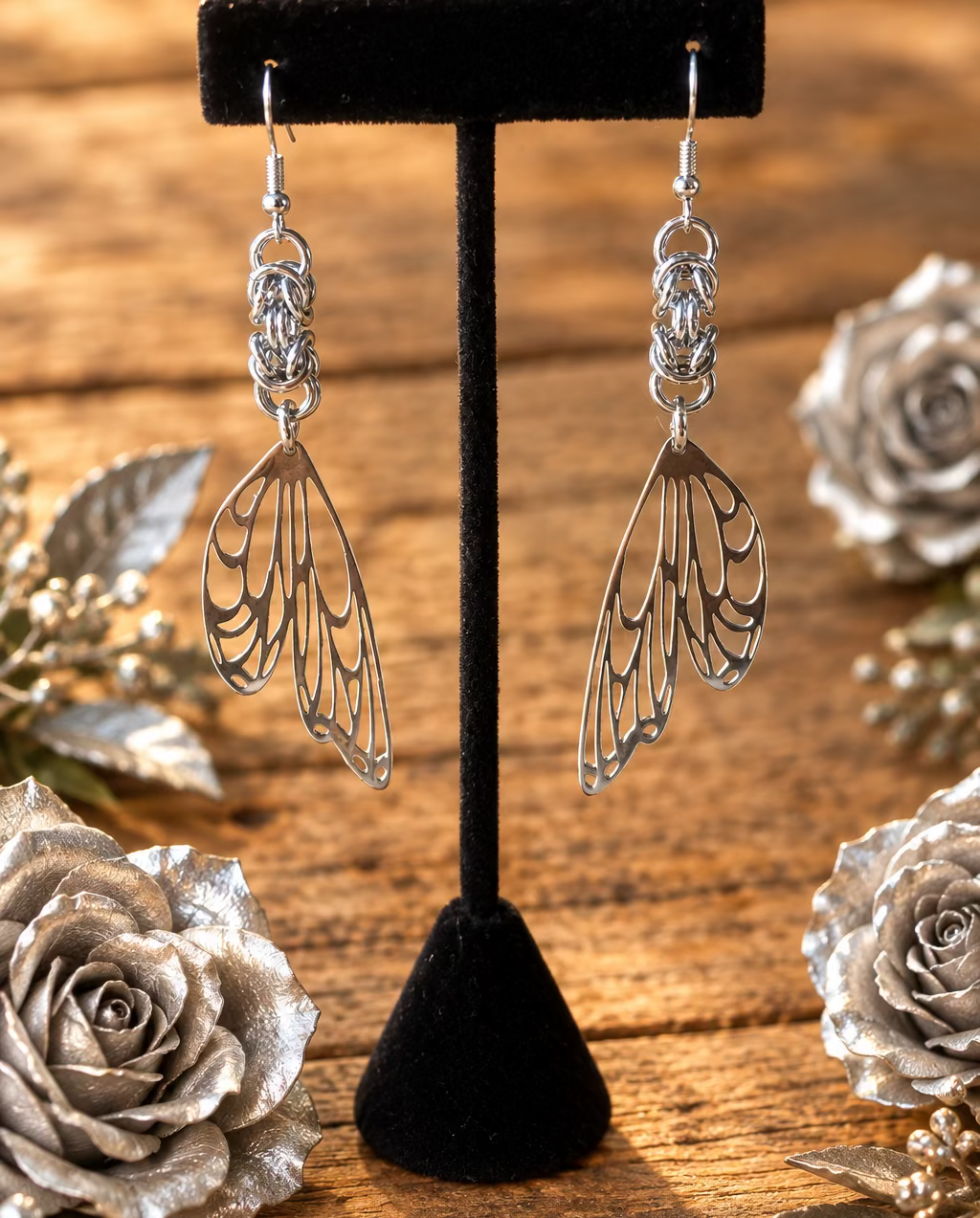 Stainless Steel Dragonfly Wing Earrings with Chainmaille