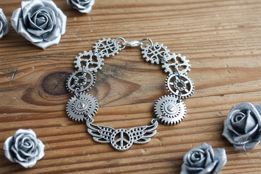 Steampunk-Inspired Bracelet With Winged Peace Connector