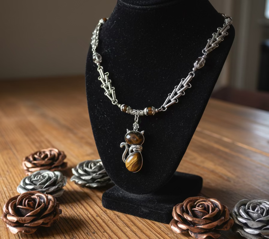 Tiger’s Eye Gemstone Cat Pendant Necklace