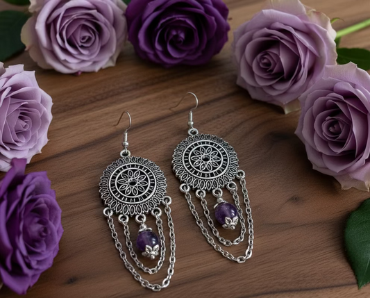 Tin Alloy Patterned Connectors with Amethyst Gemstone Beads