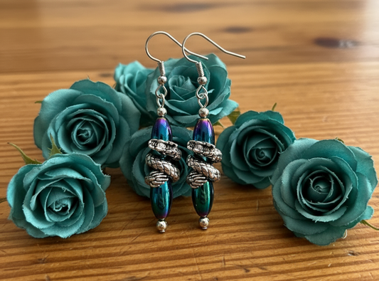 Rainbow Hematite Bead Earrings Wrapped in Dragons