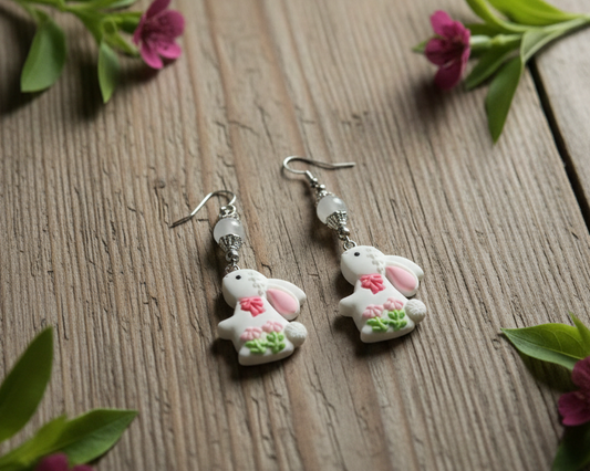 Polymer Bunny Earrings with Aventurine Beads