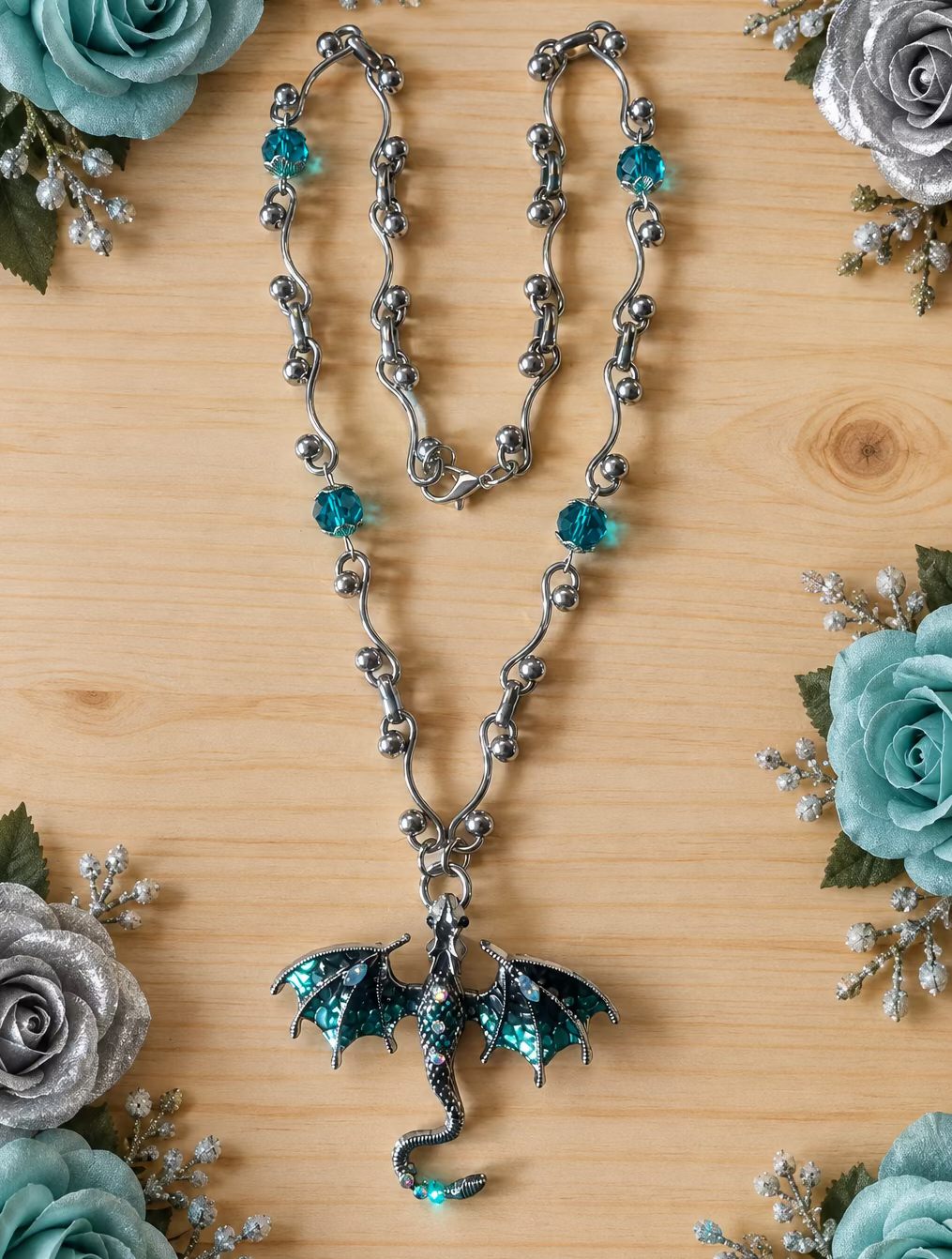 Dragon Pendant Necklace with Teal Czech Glass Beads