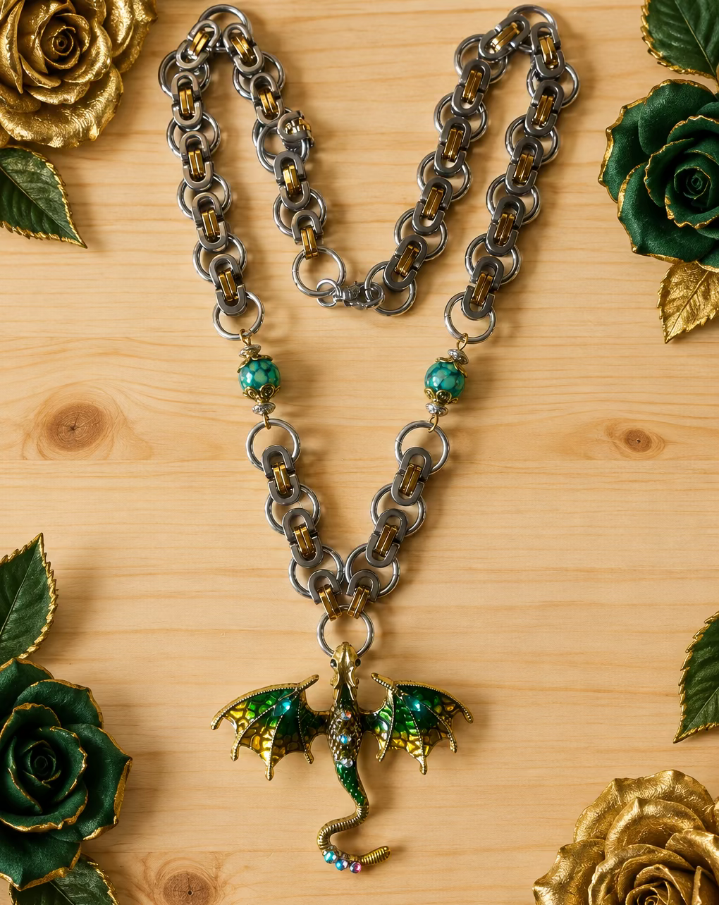 Dragon Pendant Necklace with Green Veined Agate Beads