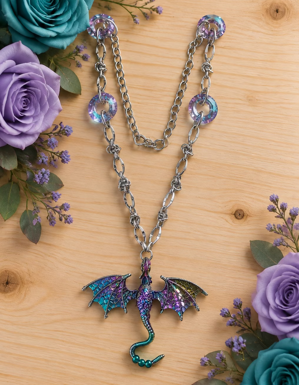 Dragon Pendant Necklace with Light-Reflecting Prisms